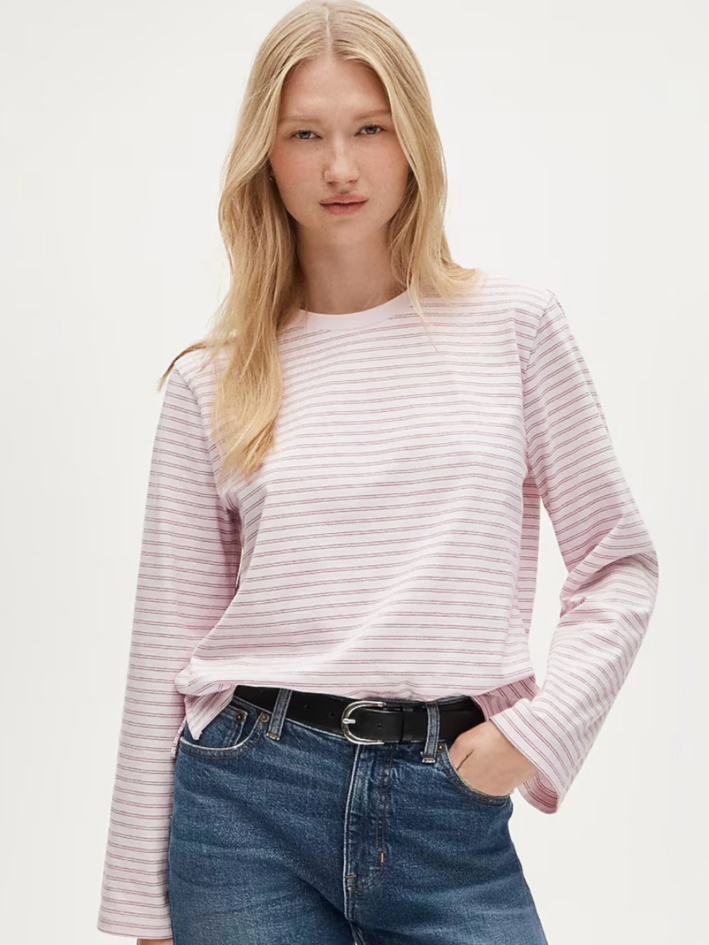 NWT J. Crew Boyfriend Jersey Relaxed Long-Sleeve Tee in Pink / Raspberry Stripe